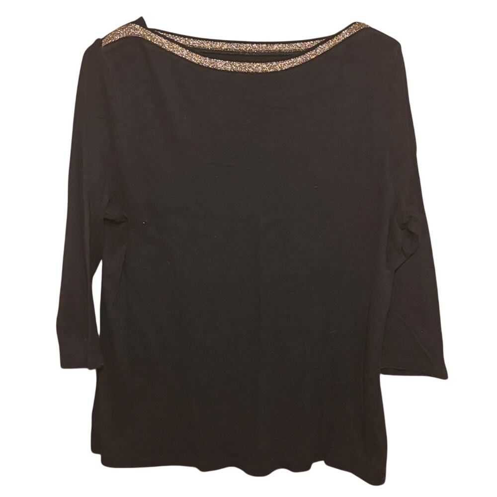 Croft & Barrow Black Metallic Trim Boat Neck 3/4 Sleeve Knit Top Large